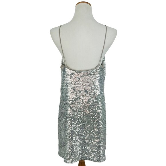Mango Silver Sequin & Mesh Trim V-Neck Spaghetti Strap Mini Party Cocktail Dress - Picture 8 of 16